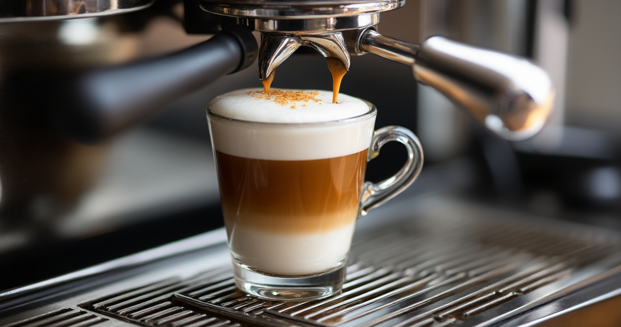 Mehrere Espressomaschinen mit Siebträger und frisch gebrühtem Espresso