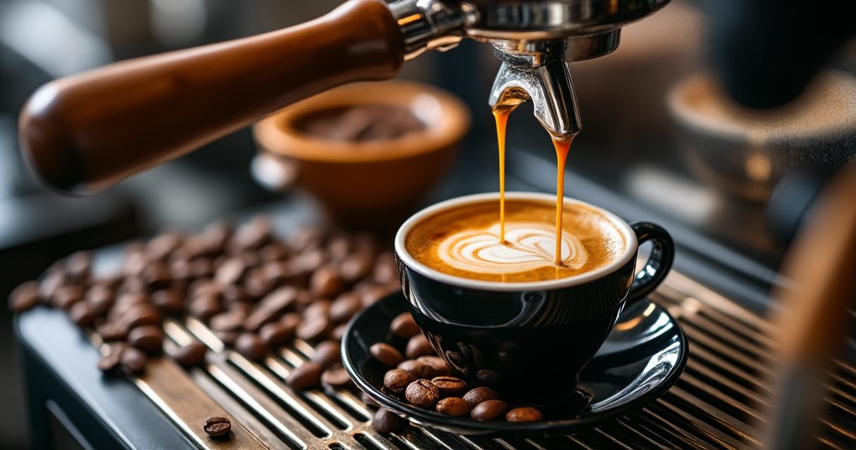 Frisch zubereiteter Espresso mit feiner Crema auf einer modernen Kaffeemaschine