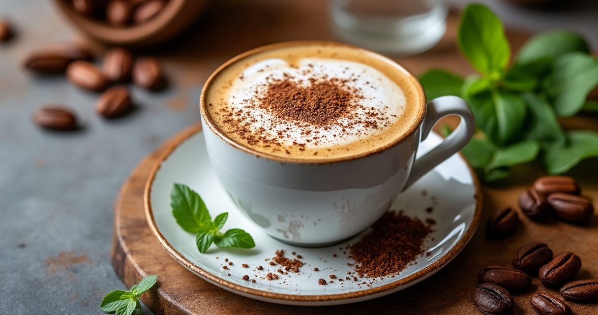 Latte Macchiato mit klaren Schichten aus Milch, Espresso und Milchschaum im hohen Glas